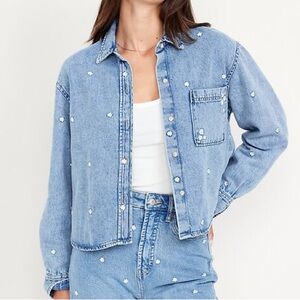 Old Navy The Cropped Shirt Daisy Embroidery Size M
